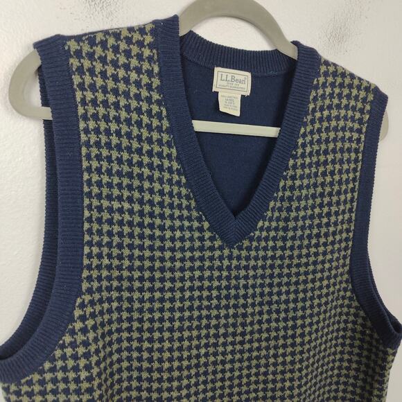 Vintage‎ L.L. Bean Vest Mens Medium Navy Blue Green Houndstooth 100% Lambswool - Picture 2 of 5